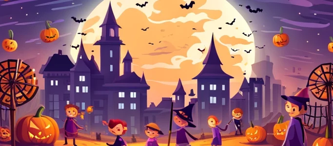 An exciting and playful image for a Halloween fun festival. It should feature a mix of traditional Halloween elements like jack-o-lanterns, bats, and spiders, along with carnival rides and games. Use warm, bright colors like oranges and purples to convey a festive and lighthearted mood. Don't forget to include costumed people displaying the thrill and excitement of the event.